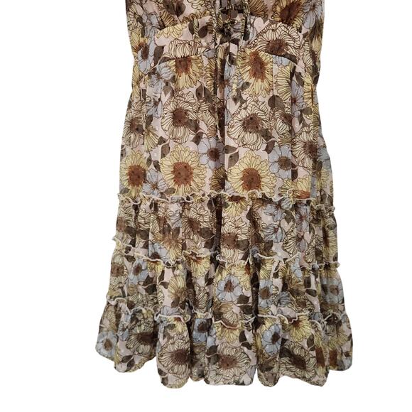 Beyond Words Mini Dress Flutter Shoulder Ruffle Tiered Floral Brown Size Medium - Picture 7 of 11